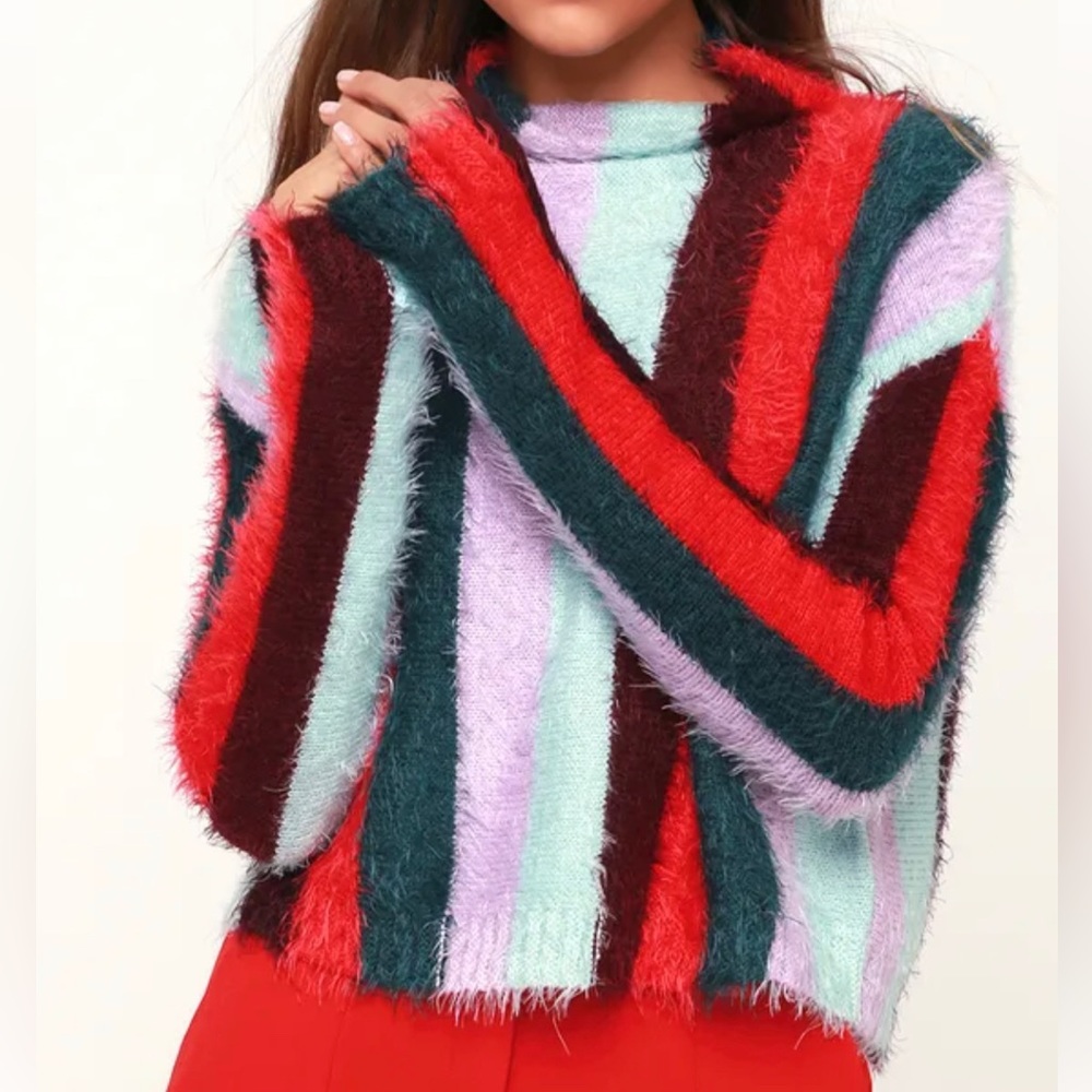 BLANK NYC Mad Hatter Multi Striped Fuzzy Mock Neck Sweater Top